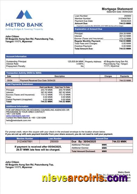 Myanmar Metro Bank mortgage statement Word and PDF template